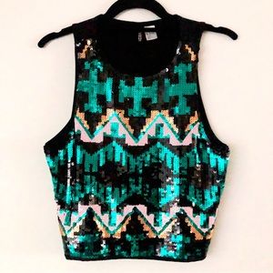 H&M Stretchy Teal Sequin Crop Top